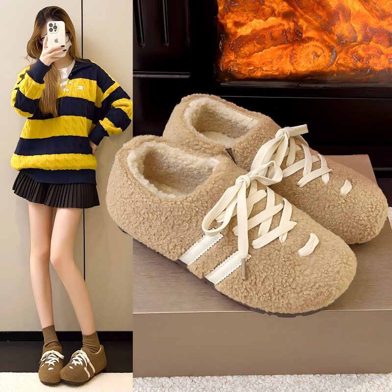 网红小众厚底包头毛毛拖鞋女款外穿2026新款秋冬保暖羊羔毛棉拖鞋