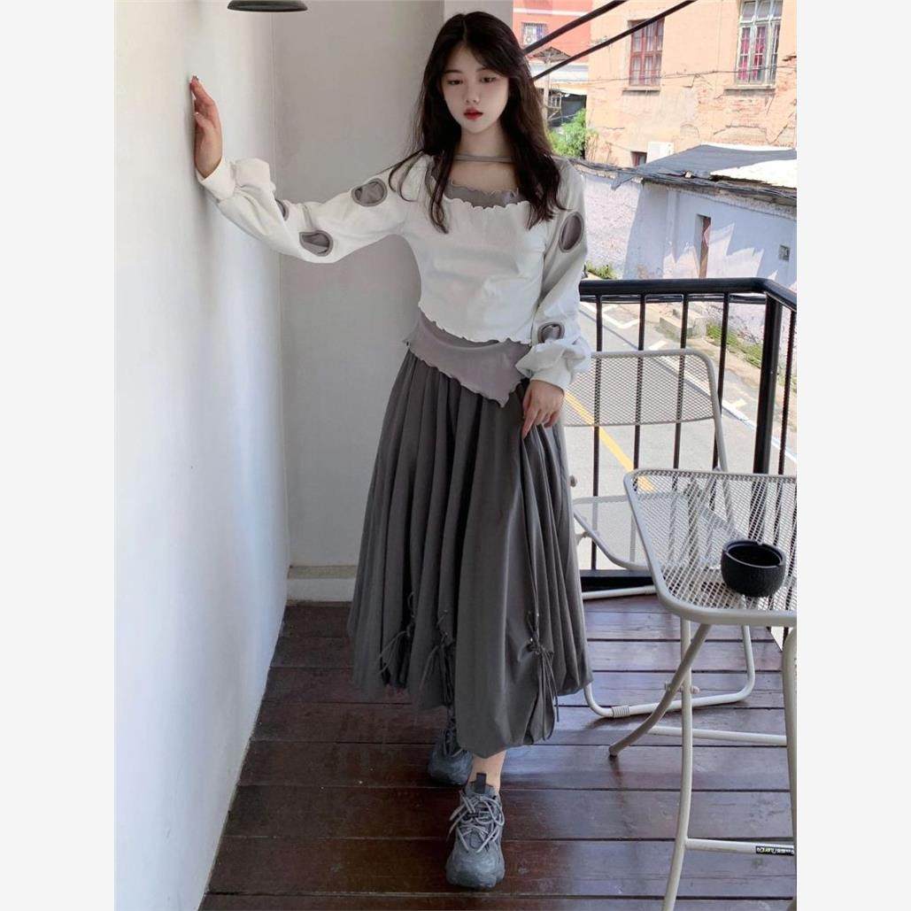 春秋搭配一整套裙女美式复古假两件长袖T恤搭配花苞半身裙两件套
