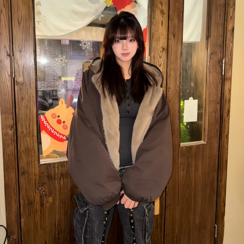 慵懒风休闲两面穿情侣棉衣2025冬季新款宽松毛绒绒仿水貂毛毛外套