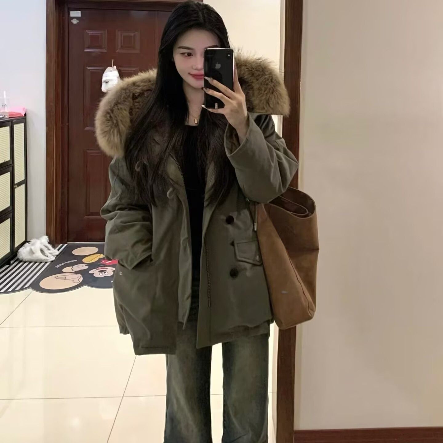 美式大毛领连帽工装派克棉服女2025冬季新款宽松时尚羽绒棉衣外套