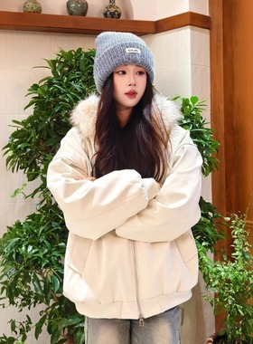 巨好看美式独特座山雕外套2025新款情侣加绒加厚保暖宽松毛领棉衣