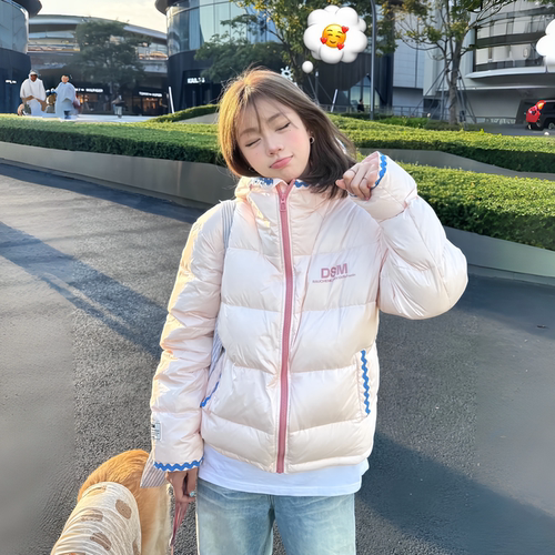甜美粉色贝壳绣连帽羽绒棉服2026新款加厚保暖学生小个子宽松外套