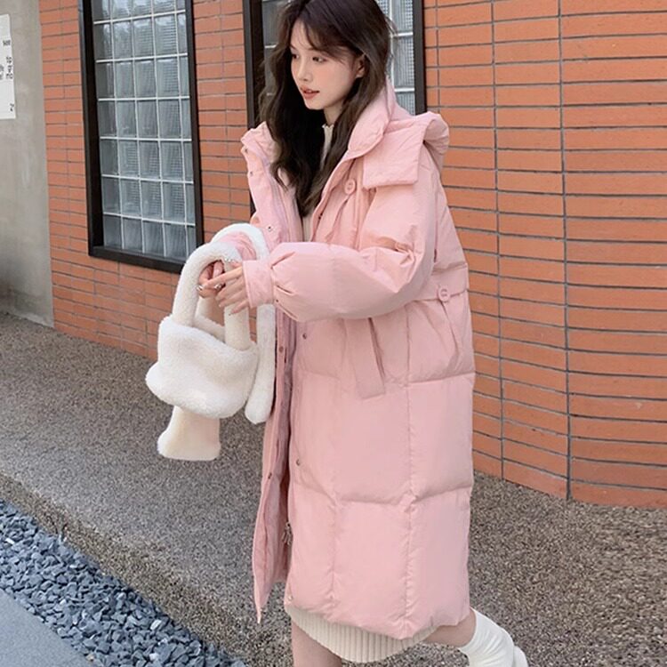 奶呼呼粉色连帽棉服女2025冬季新款加厚中长款加厚面包服宽松外套