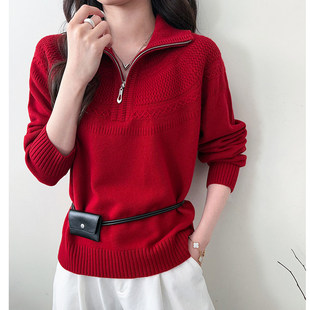 时尚朗姿25秋冬新年红色半拉链立领羊毛针织衫洋气减龄毛衣外套女
