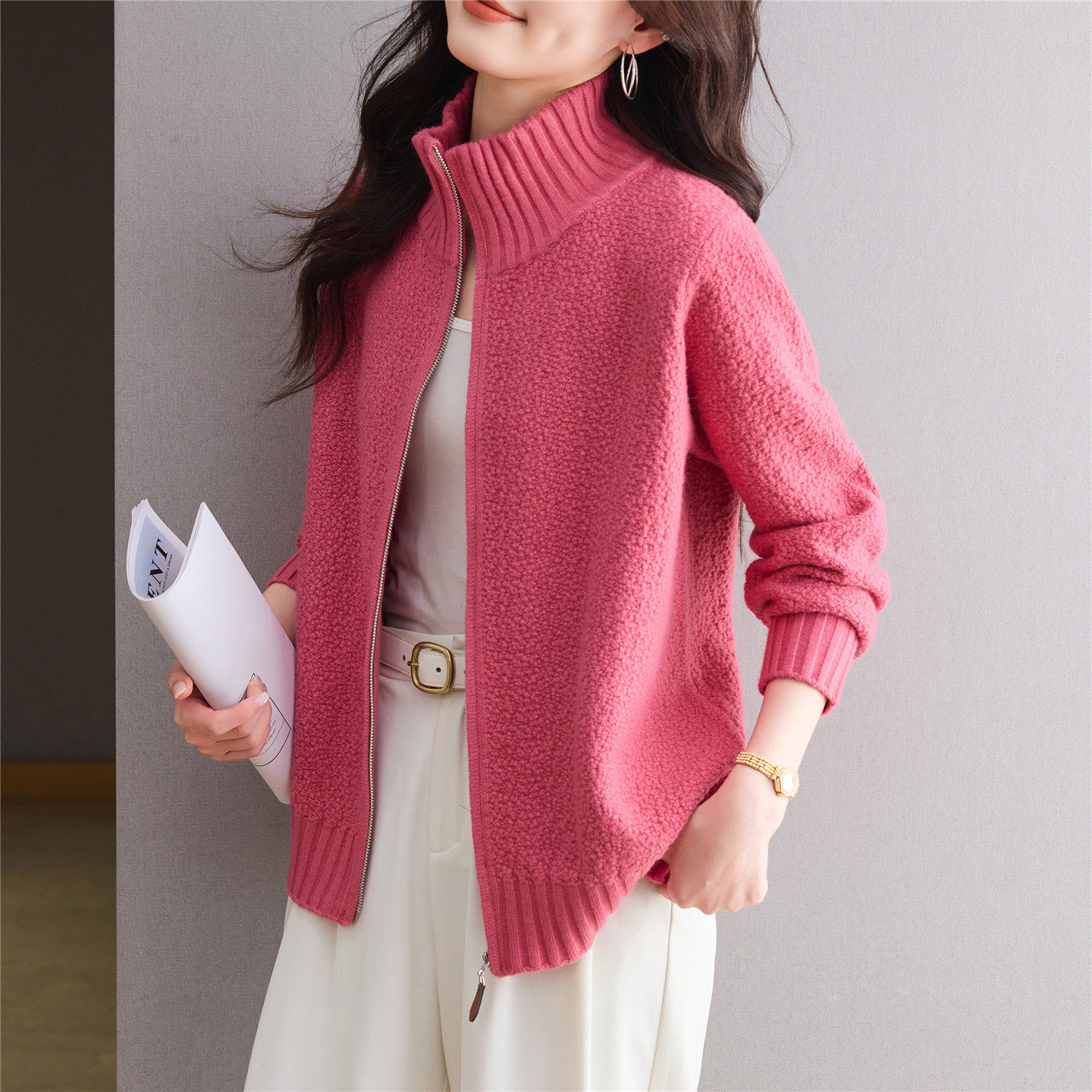 时尚朗姿粉色立领休闲卫衣外套2026春秋新款羊毛拉链开衫女棒球服