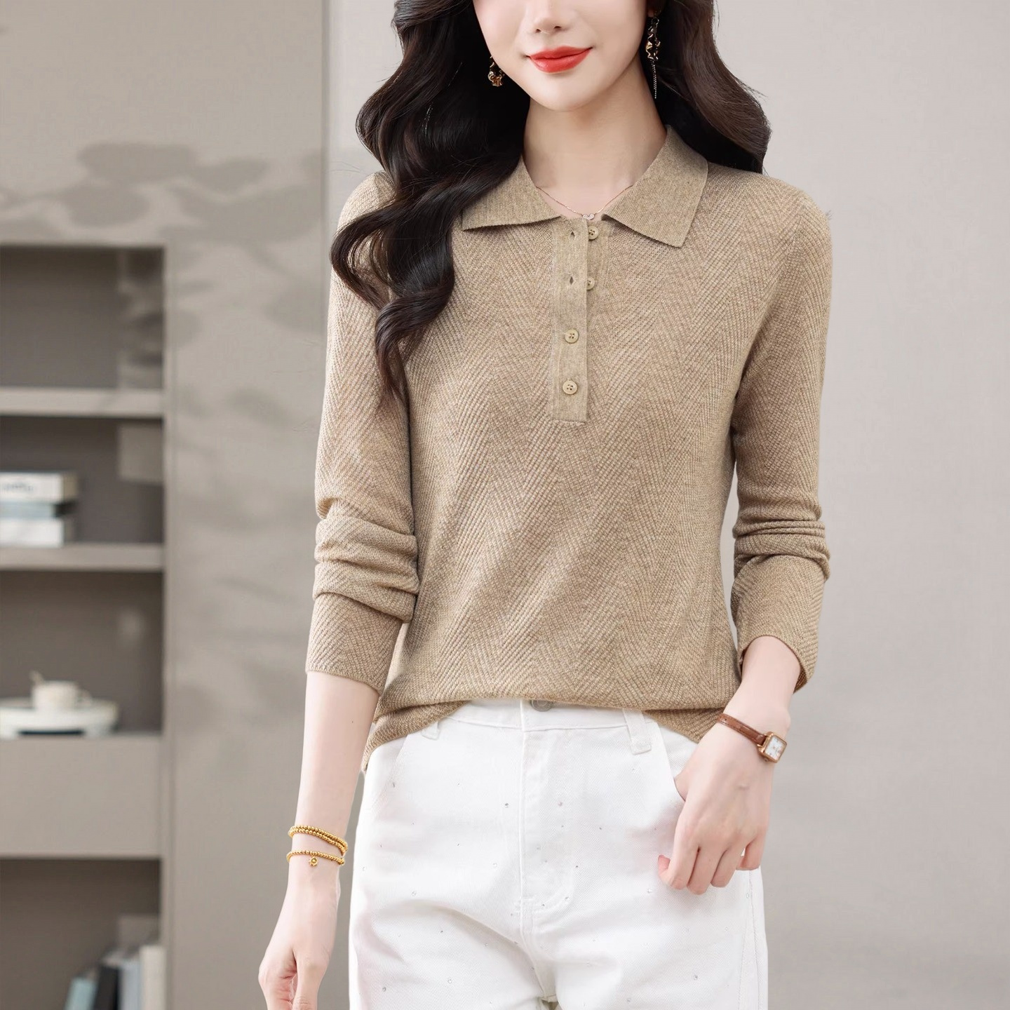 时尚朗姿2026春季薄款漂亮POLO领套头针织羊毛衫女减龄毛衣打底衫