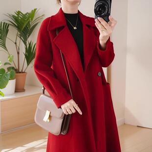 时尚朗姿红色中长款修身显瘦过膝双面羊绒大衣秋冬新款毛呢外套女