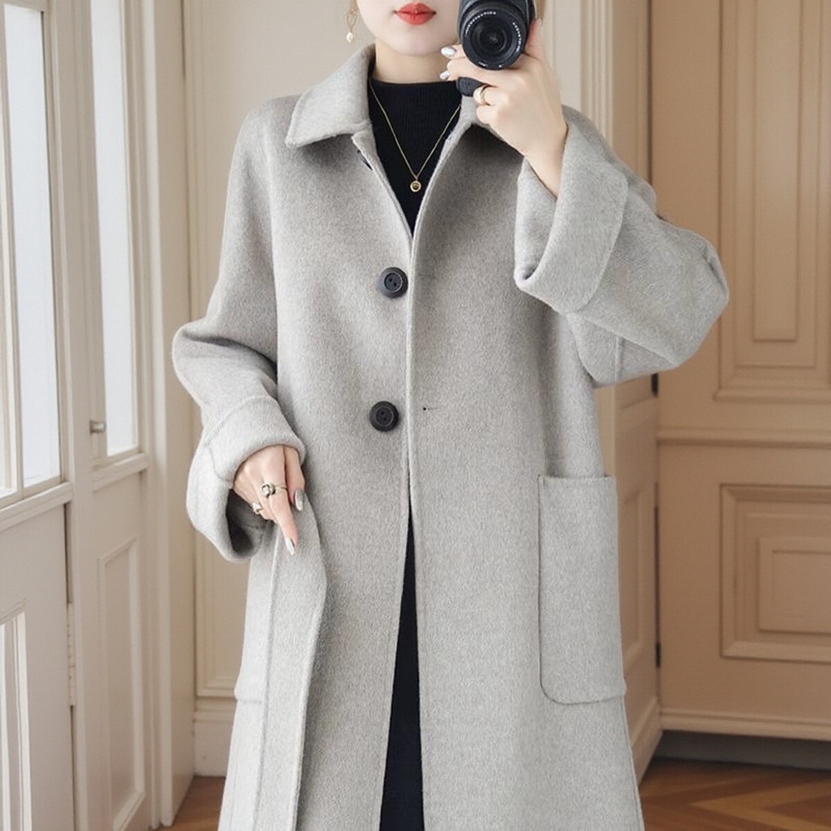 秋冬高端中长款加厚双面羊绒大衣