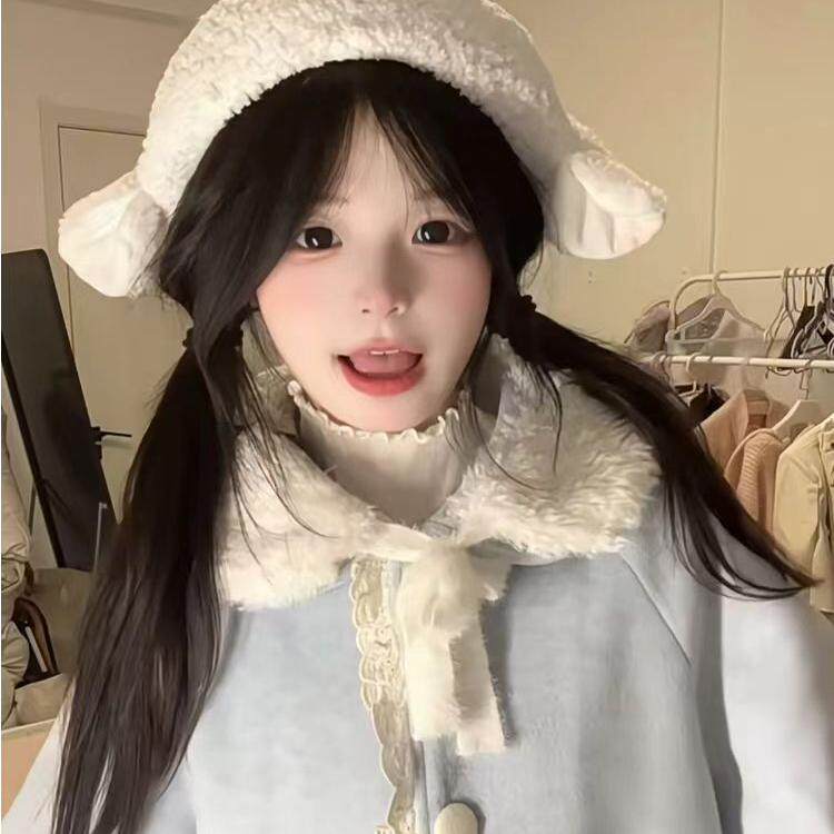 日系软妹小羊耳朵奶白羊羔绒帽