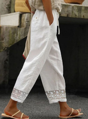 White capri pants with lace cuffs 镂空花边脚口白色阔腿九分裤