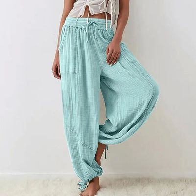 条纹面料松紧腰口袋阔腿裤