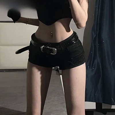 美式黑色低腰修身超短牛仔短裤