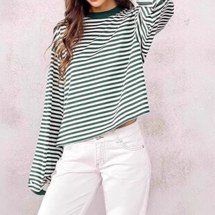 waist length casual shirt条纹齐腰宽松休闲T恤 loose Striped