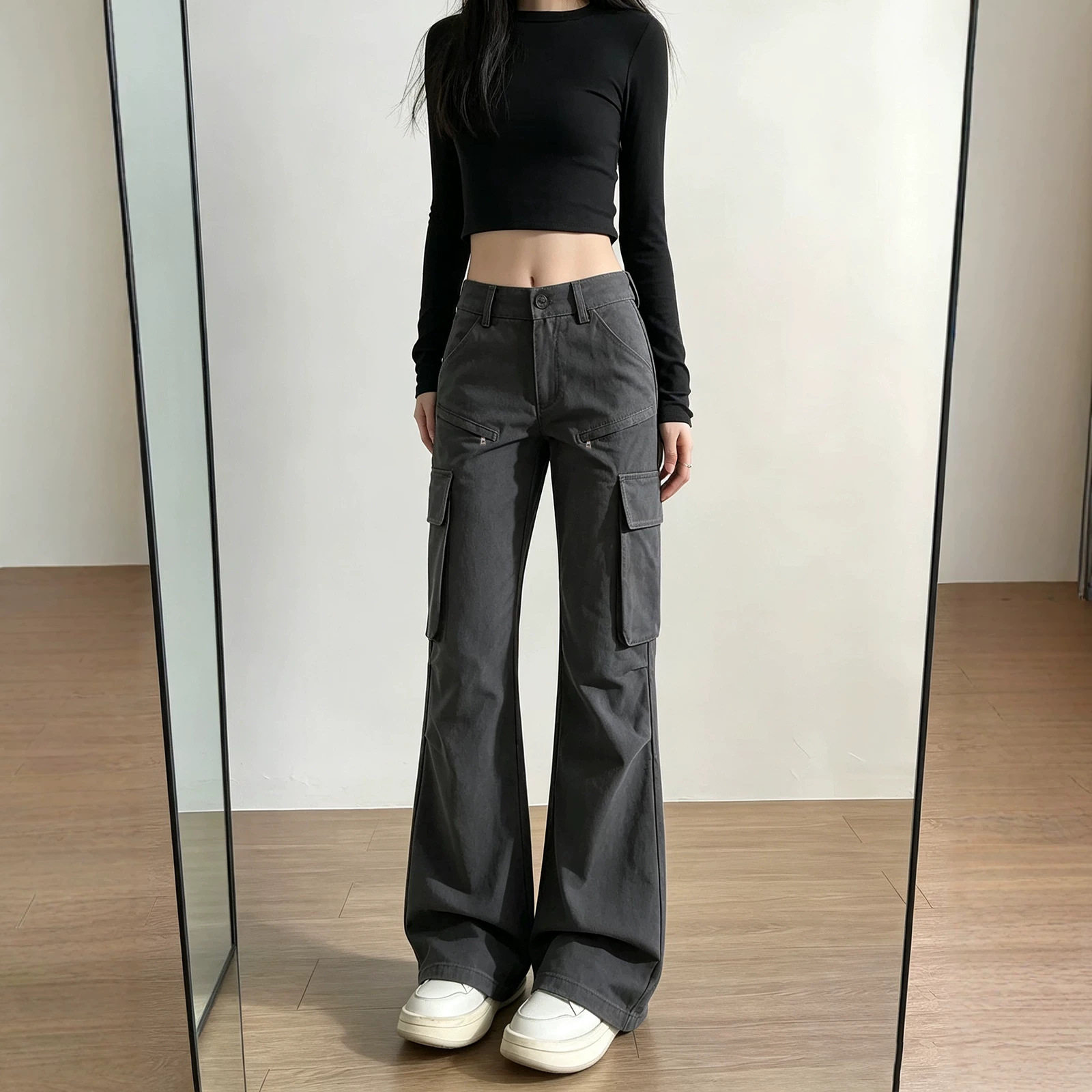 春季微喇高腰显瘦宽松工装裤 High Waist Slim Flared Pants