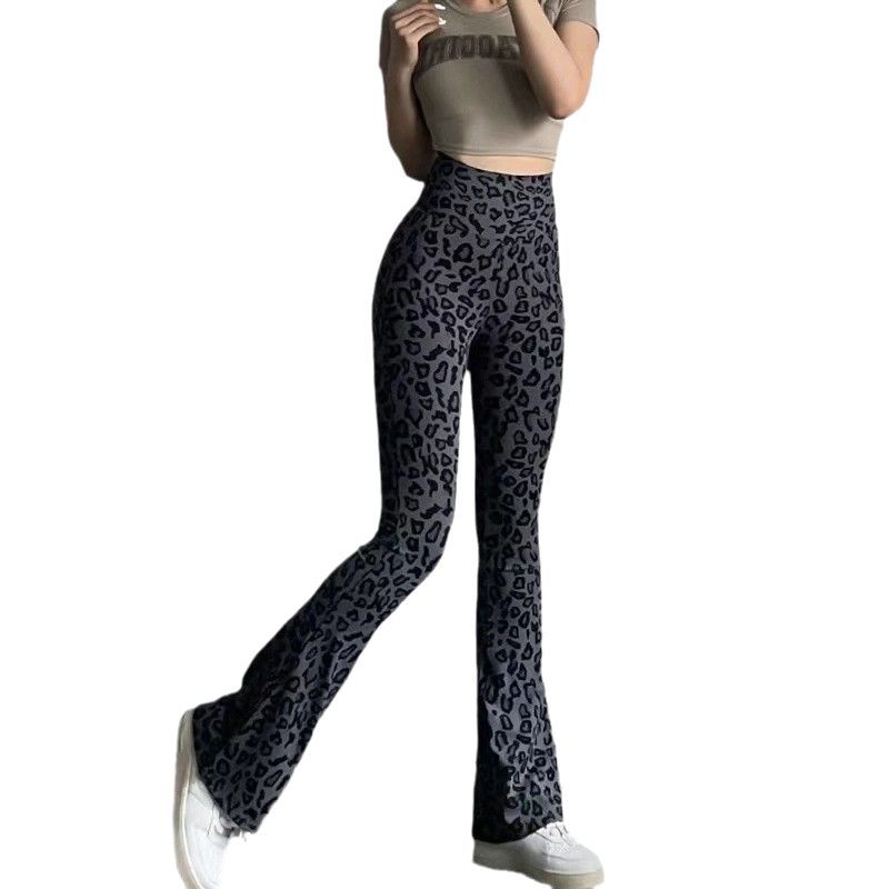 豹纹高腰修身显瘦喇叭裤