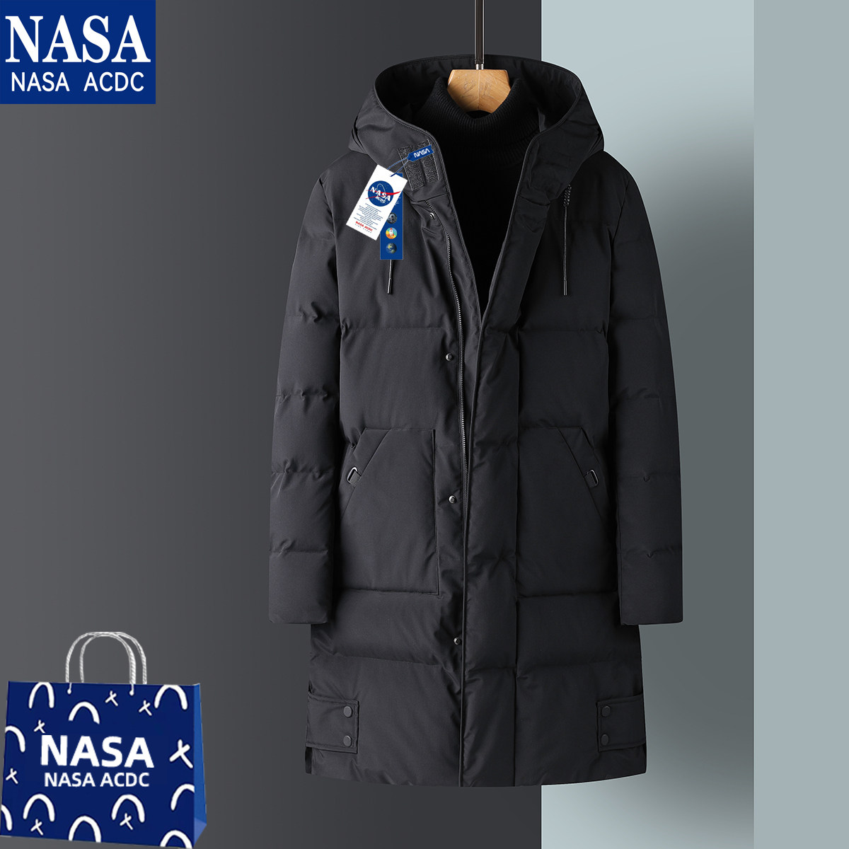 NASA ACDC中长款羽绒棉服男士冬季抗寒连帽衣服男装保暖长款外套