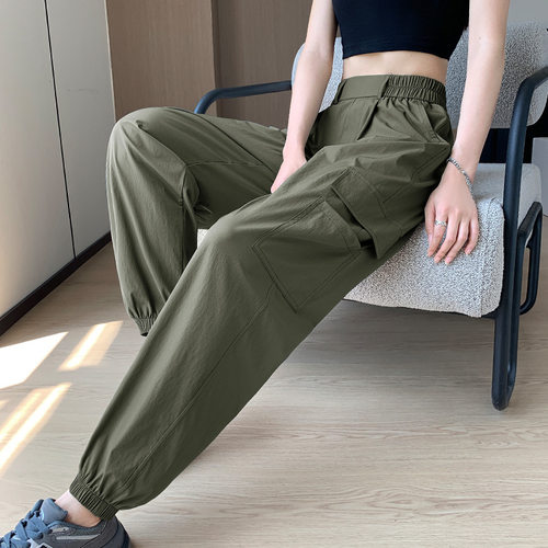军绿色薄款冰丝束脚工装裤