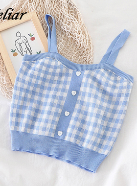 Vintage Plaid Knit Cropped Tank Top复古格子针织短款无袖背心