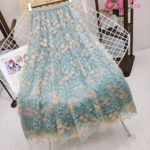 girls' floral embroidered mesh skirt女生碎花刺绣网纱半身裙夏