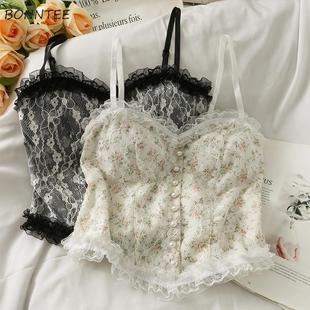 Cropped lace camisole with breast pad短款带胸垫蕾丝吊带衫女