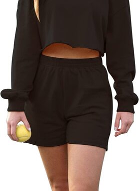 Solid Color Cropped Navel Long Sleeve Sweater Shorts Set套装