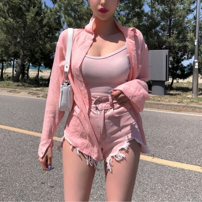 Girls Pink High Waist Pack Hip Denim Shorts高腰包臀牛仔短裤