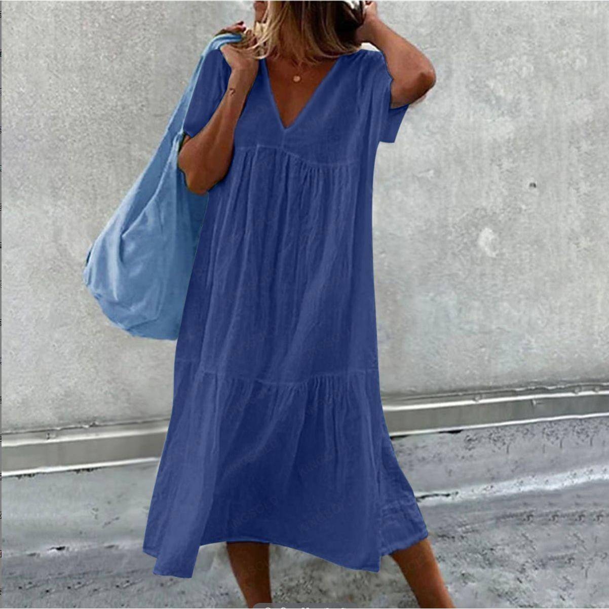 summer ruched loose fit shirt dress women neck soft linen