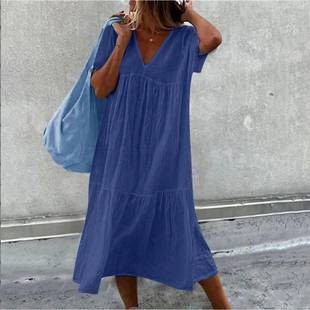 fit shirt soft ruched linen neck loose women summer dress