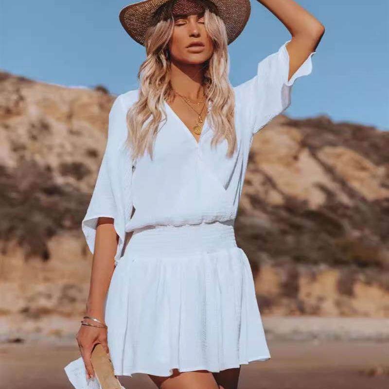 holiday waist beach cover-up color dress solid v-neck