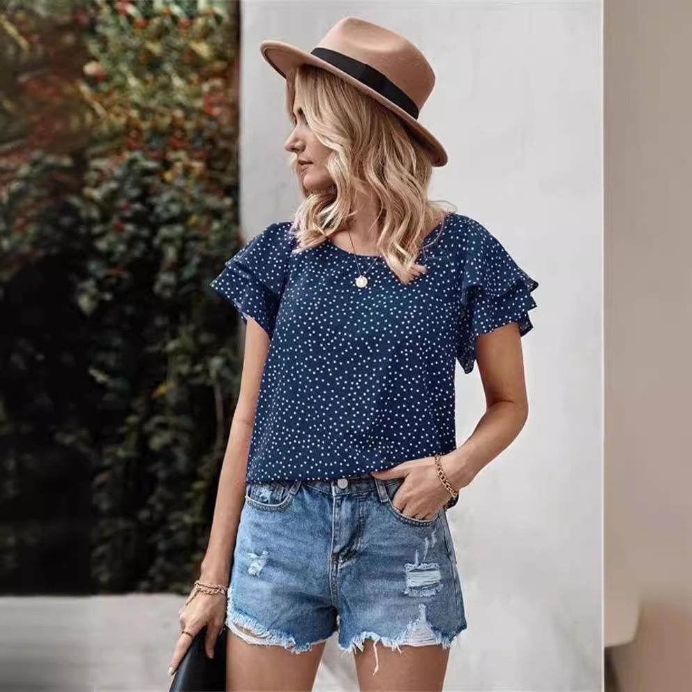 Polka dot red lotus leaf all-match T-shirt women's top