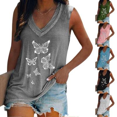 Personalized hot diamond short-sleeved V-neck T-shirt for