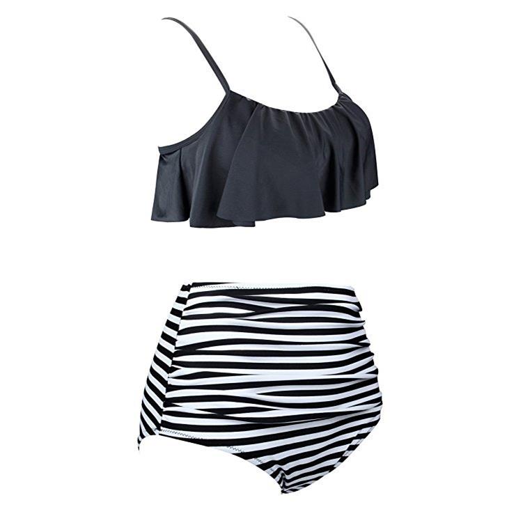 Bandeau Two-Piece Waist Striped Ruffled High Swimsuit