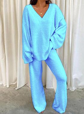 fall pantsuit womens two pieces outfit simple long crewneck