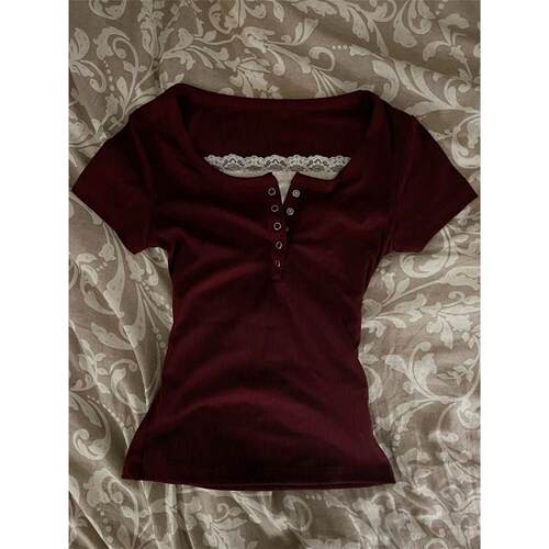 2026 lace button short sleeved T-shirt top for women