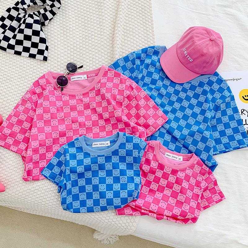 Parent-child outfit with plaid full-print smiley faces