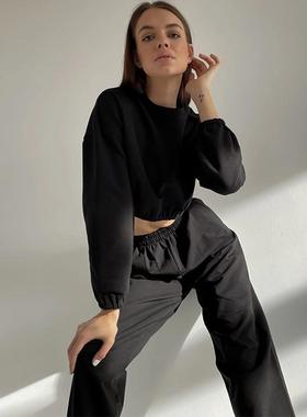 suit two-piece trousers sports elastic top waist-baring