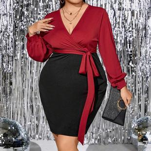 slim sleeve hip color contrast neck dress fit long sexy