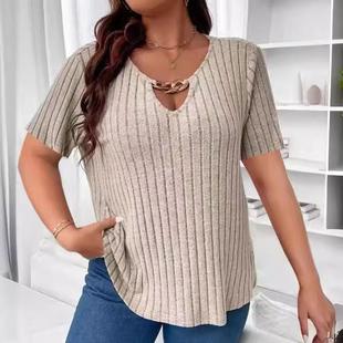 Plus Size Womens Elegant Tops V-Neck Short Sleeve Pullover