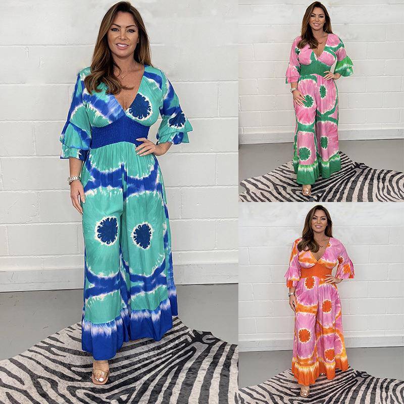 Women's Plus Size Tie-Dye Trumpet Sleeve Wide Leg Jumpsuit