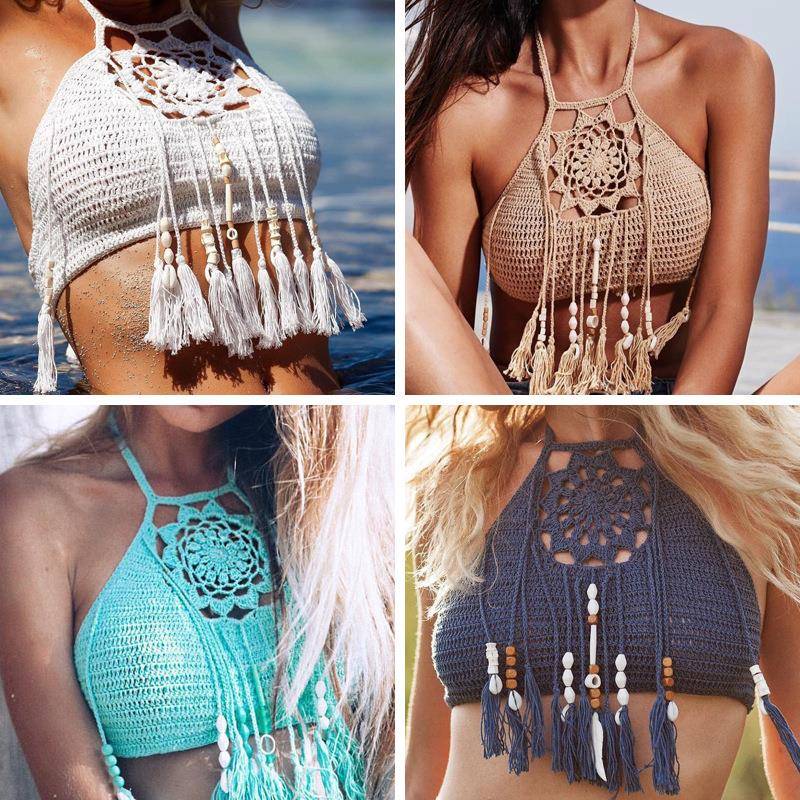 Top Swim Beach Women Sexy Swimwear Bohemian Tassel Handmade