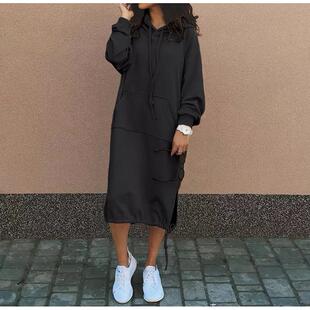 dress solid split hem pocket color hoodie pullover patch