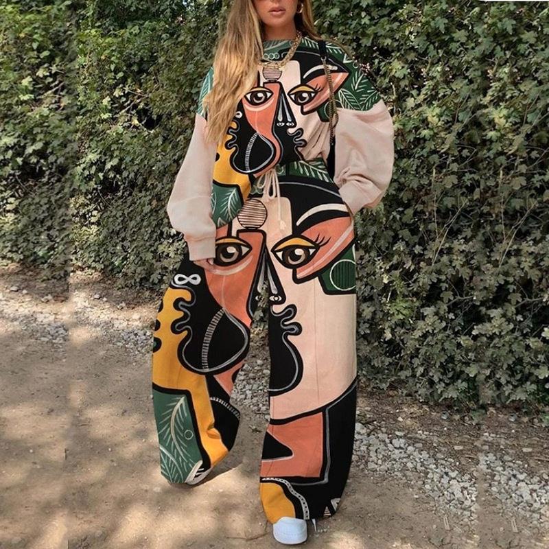 two-piece sweatshirt casual hooded pants high-waisted loose