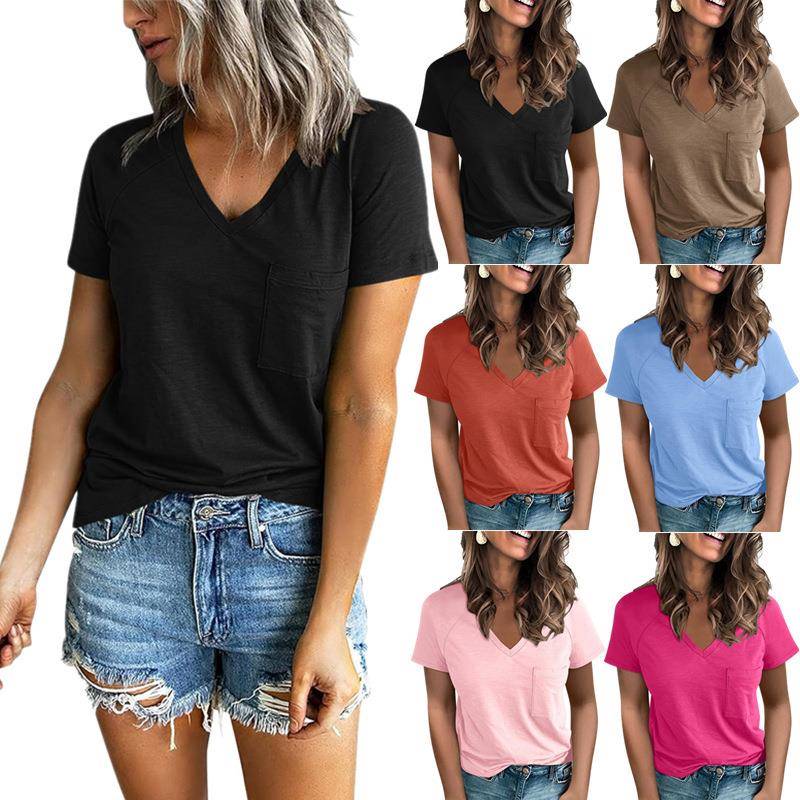 Raglan Fashion Womens Pocket Slit Sleeve T-shirt V-neck