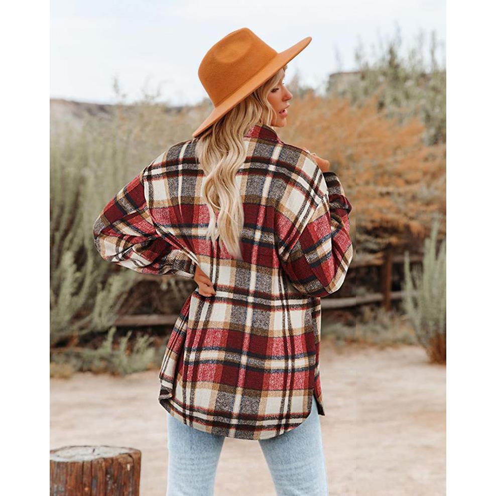 Plus Jacket Size Lapel Womens Plaid Sleeve Breasted