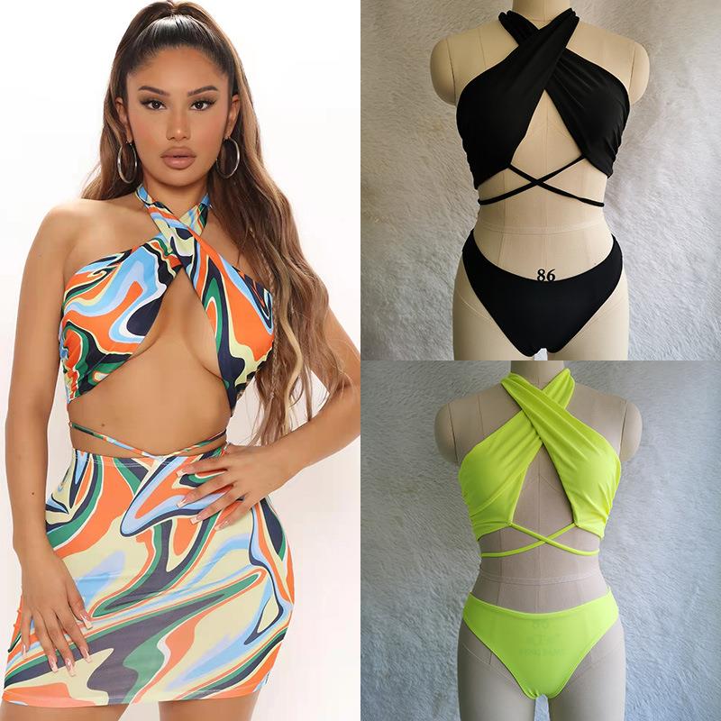 swimsuit three-piece skirt short neck halter cross sexy