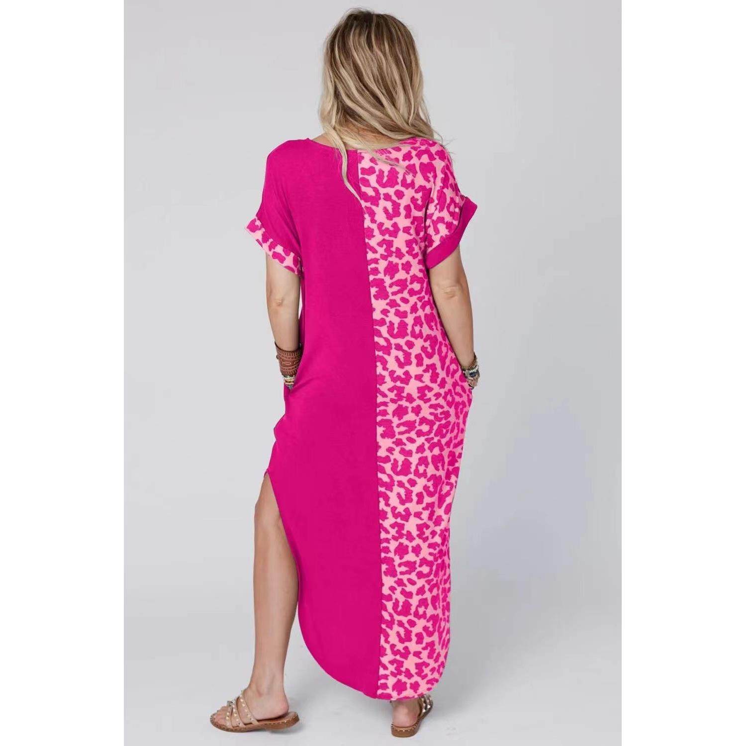 dress print long round maxi patchwork slits Leopard pocket