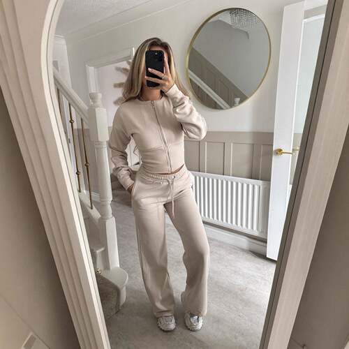 欧美风新款时尚休闲纯色拉链卫衣长裤套装 Zip top and pants set