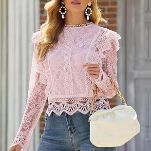 Sexy shirt long color coat womens hollow sleeved lace