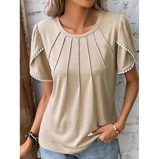 pleated color shirt Ladies solid round new sleeve