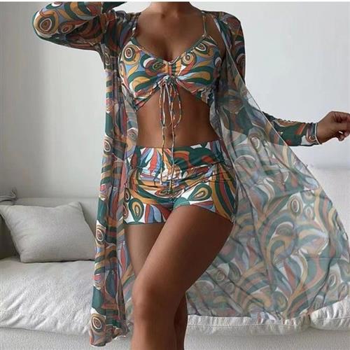 Three-piece swimsuit drawstring gather boxer briefs mesh